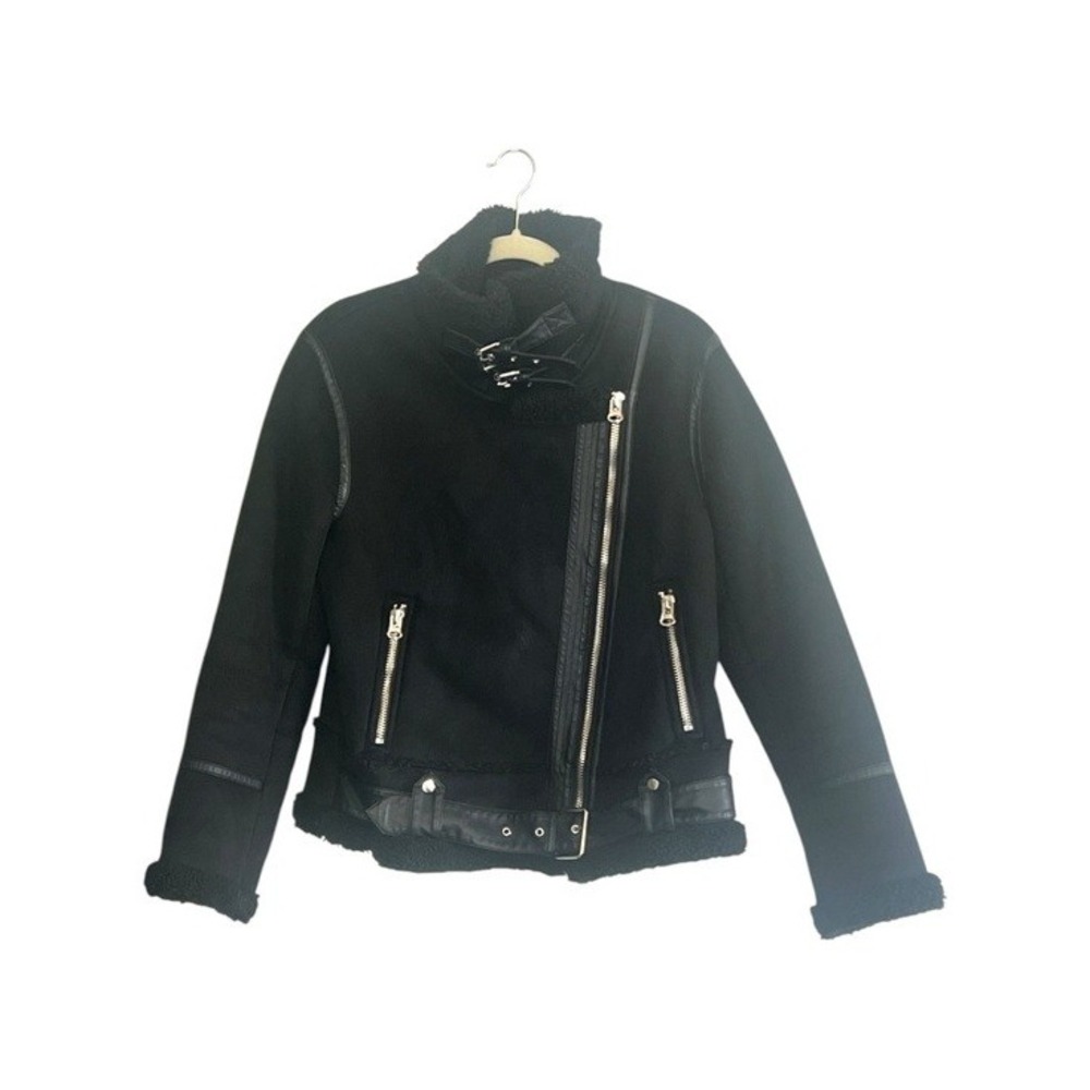 Zara Faux Shearling Aviator Moto Jacket Black Biker Buckle Women's L
